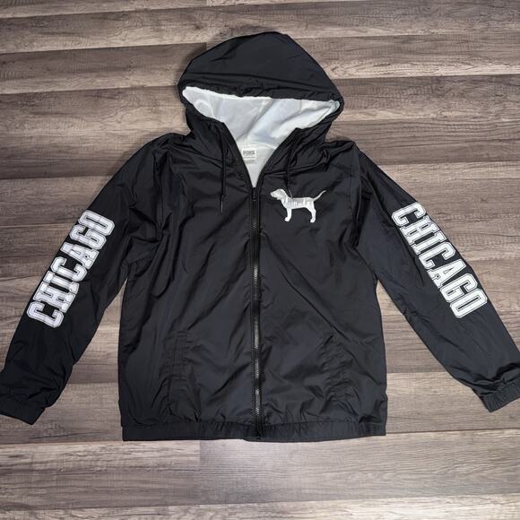 Victoria Secret Pink Chicago Full Zip Windbreaker W Hood & Pockets Black X-Small - Picture 1 of 5